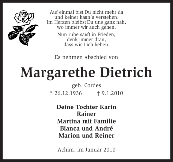Traueranzeige von Margarethe Dietrich von KREISZEITUNG SYKE
