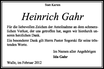 Traueranzeige von Heinrich Gahr von KREISZEITUNG SYKE