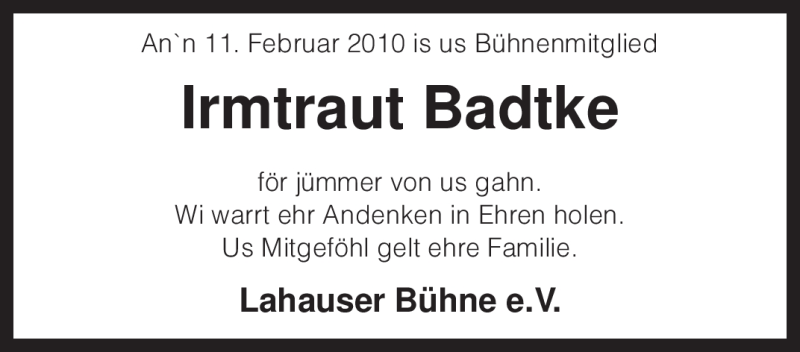 Traueranzeige für Irmtraut Badtke vom 17.02.2010 aus KREISZEITUNG SYKE