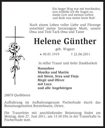 Traueranzeige von Helene Günther von KREISZEITUNG SYKE