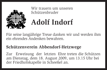 Traueranzeige von Adolf Indorf von KREISZEITUNG SYKE