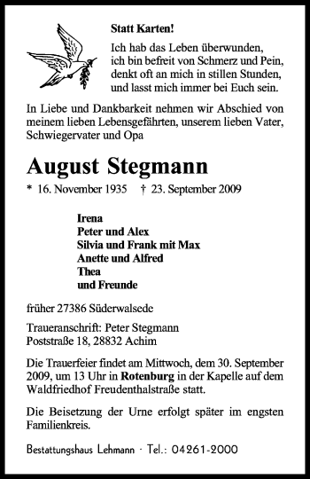 Traueranzeige von August Stegmann von KREISZEITUNG SYKE