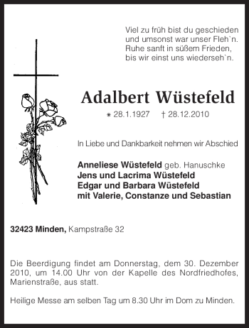 Traueranzeige von Adalbert Wüstefeld von KREISZEITUNG SYKE