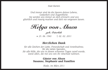 Traueranzeige von Helga von Ahsen von KREISZEITUNG SYKE