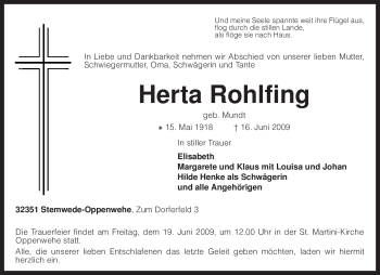 Traueranzeige von Herta Rohlfing von KREISZEITUNG SYKE