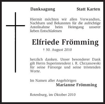 Traueranzeige von Elfriede Frömming von KREISZEITUNG SYKE