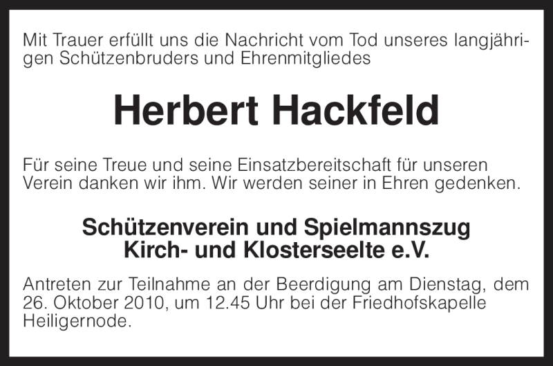  Traueranzeige für Herbert Hackfeld vom 23.10.2010 aus KREISZEITUNG SYKE