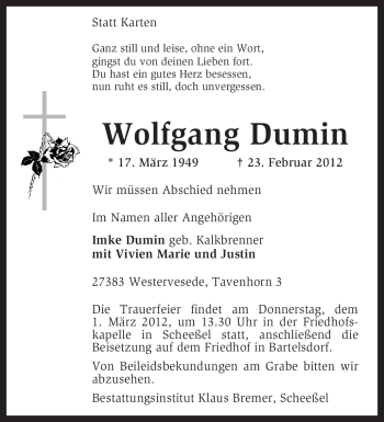 Traueranzeige von Wolfgang Dumin von KREISZEITUNG SYKE