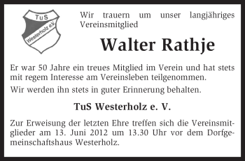 Traueranzeige von Walter Rathje von KREISZEITUNG SYKE