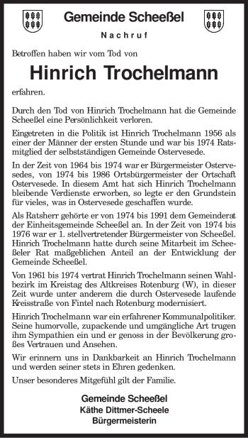 Traueranzeige von Hinrich Trochelmann von KREISZEITUNG SYKE
