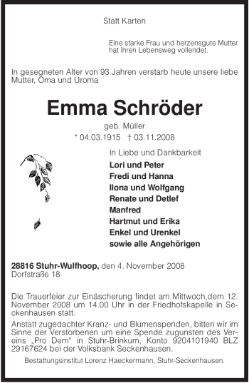 Traueranzeige von Emma Schröder von KREISZEITUNG SYKE