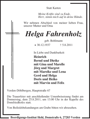 Traueranzeige von Helga Fahrenholz von KREISZEITUNG SYKE