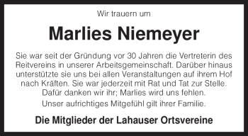 Traueranzeige von Marlies Niemeyer von KREISZEITUNG SYKE