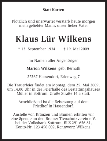 Traueranzeige von Klaus Lür Wilkens von KREISZEITUNG SYKE