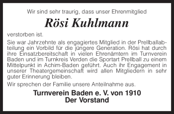 Traueranzeige von Rösi Kuhlmann von KREISZEITUNG SYKE