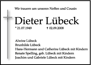 Traueranzeige von Dieter Lübeck von KREISZEITUNG SYKE