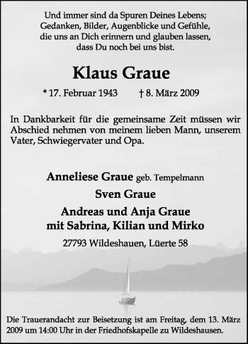 Traueranzeige von Klaus Graue von KREISZEITUNG SYKE