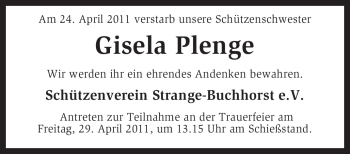 Traueranzeige von Gisela Plenge von KREISZEITUNG SYKE