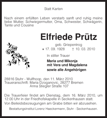 Traueranzeige von Elfriede Prütz von KREISZEITUNG SYKE