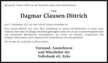 Traueranzeige von Dagmar Clausen-Dittrich von KREISZEITUNG SYKE