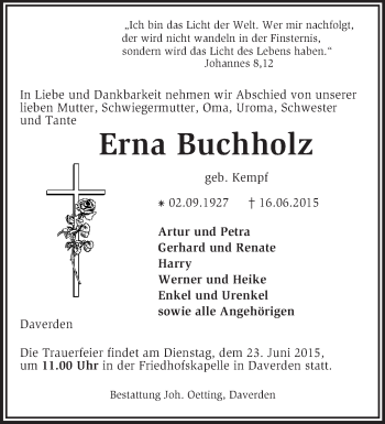 Traueranzeige von Erna Buchholz von KRZ