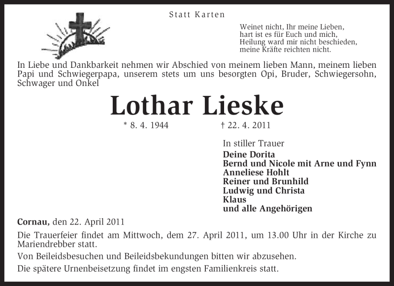  Traueranzeige für Lothar Lieske vom 23.04.2011 aus KREISZEITUNG SYKE