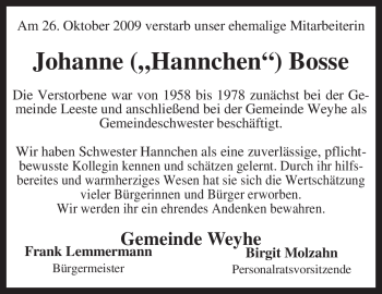 Traueranzeige von Johanne Bosse von KREISZEITUNG SYKE