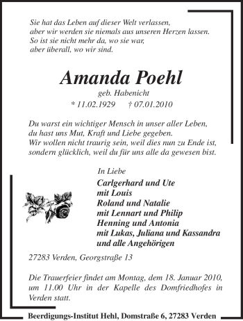 Traueranzeige von Amanda Poehl von KREISZEITUNG SYKE