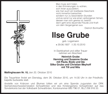 Traueranzeige von Ilse Grube von KREISZEITUNG SYKE