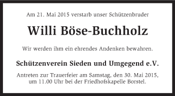 Traueranzeige von Willi Böse-Buchholz von KRZ