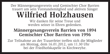 Traueranzeige von Wilfried Holzhausen von KREISZEITUNG SYKE