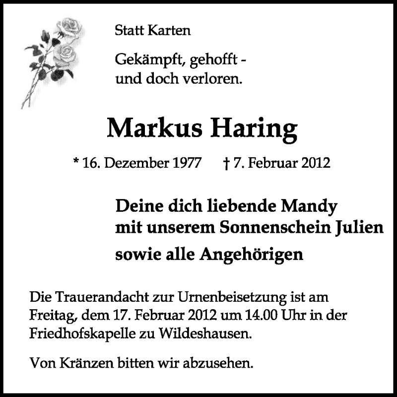  Traueranzeige für Markus Haring vom 09.02.2012 aus KREISZEITUNG SYKE