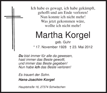 Traueranzeige von Martha Korgel von KREISZEITUNG SYKE