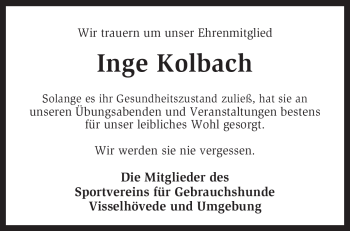 Traueranzeige von Ingrid Kolbach von KREISZEITUNG SYKE