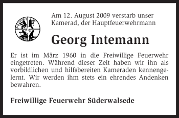 Traueranzeige von Georg Intemann von KREISZEITUNG SYKE