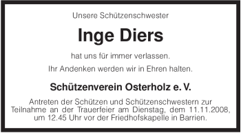 Traueranzeige von Inge Diers von KREISZEITUNG SYKE