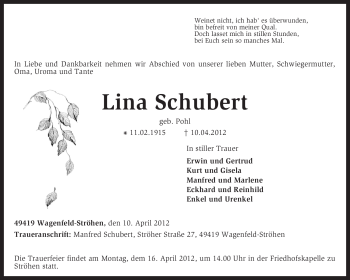 Traueranzeige von Lina Schubert von KREISZEITUNG SYKE