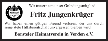 Traueranzeige von Fritz Jungenkrüger von KREISZEITUNG SYKE