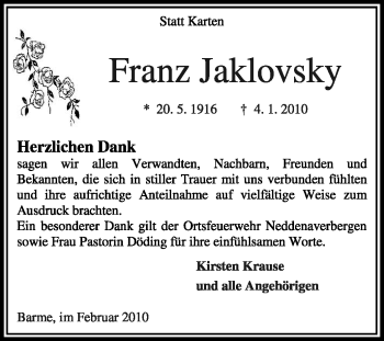 Traueranzeige von Franz Jaklovsky von KREISZEITUNG SYKE