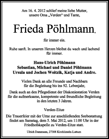 Traueranzeige von Frieda Pöhlmann von KREISZEITUNG SYKE