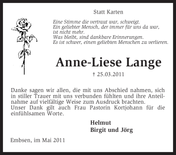 Traueranzeige von Anne-Liese Lange von KREISZEITUNG SYKE