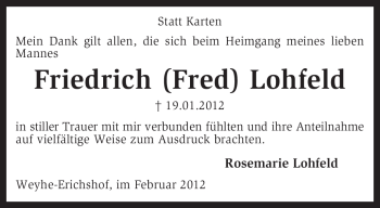 Traueranzeige von Friedrich Lohfeld von KREISZEITUNG SYKE