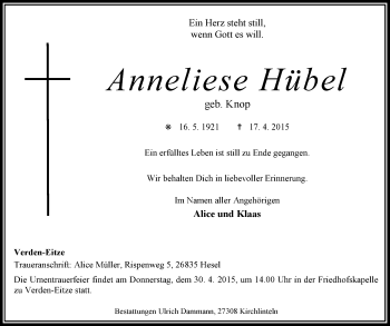 Traueranzeige von Anneliese Hübel von KRZ