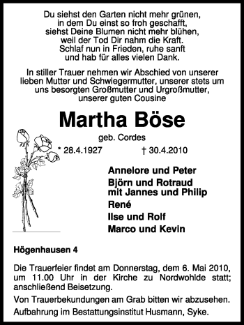 Traueranzeige von Martha Böse von KREISZEITUNG SYKE