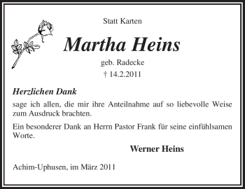 Traueranzeige von Martha Heins von KREISZEITUNG SYKE