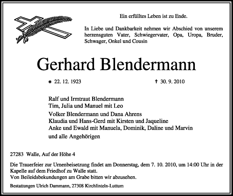  Traueranzeige für Gerhard Blendermann vom 04.10.2010 aus KREISZEITUNG SYKE