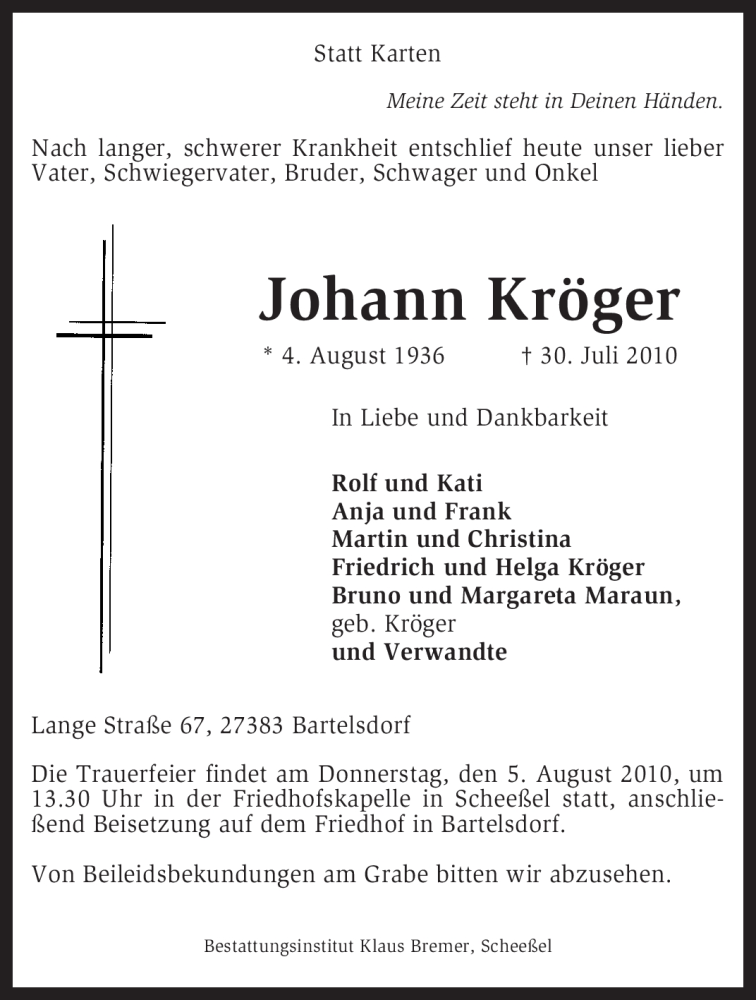  Traueranzeige für Johann Kröger vom 02.08.2010 aus KREISZEITUNG SYKE