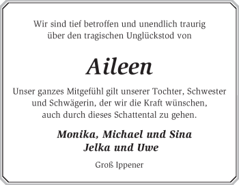 Traueranzeige von Aileen Unbekannt von KREISZEITUNG SYKE