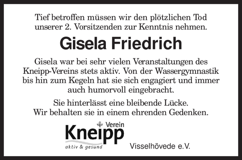  Traueranzeige für Gisela Friedrich vom 02.12.2009 aus KREISZEITUNG SYKE