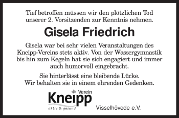 Traueranzeige von Gisela Friedrich von KREISZEITUNG SYKE